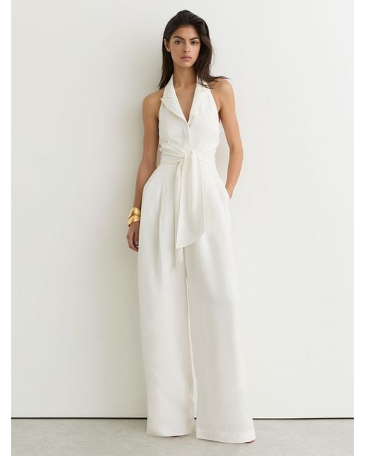 Reiss White Cream Tie-Front Wide-Leg Jumpsuit With Linen
