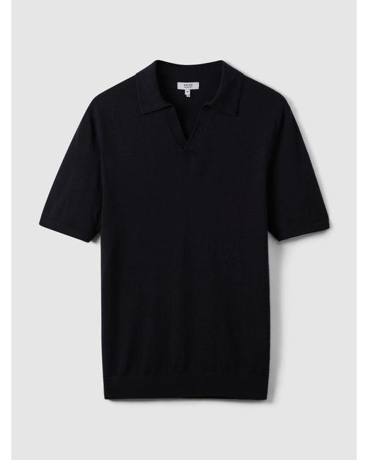 Reiss Black Merino Wool Open-Collar Polo Shirt for men