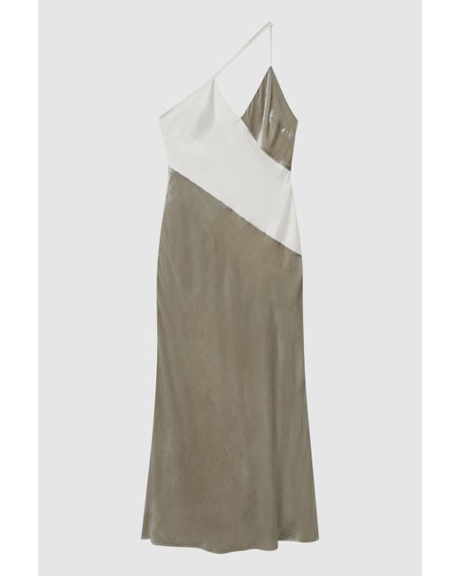 Reiss Metallic Keeley - Silver Silk-velvet Asymmetric Strap Midi Dress, Us 8