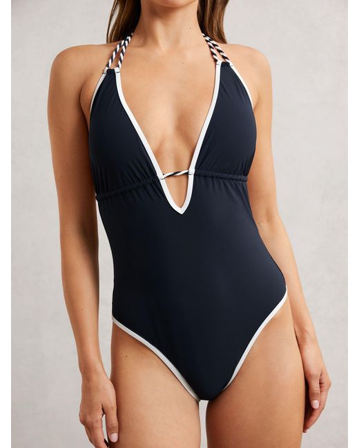 Reiss Blue Contrast-Trim Plunge-Neck Swimsuit