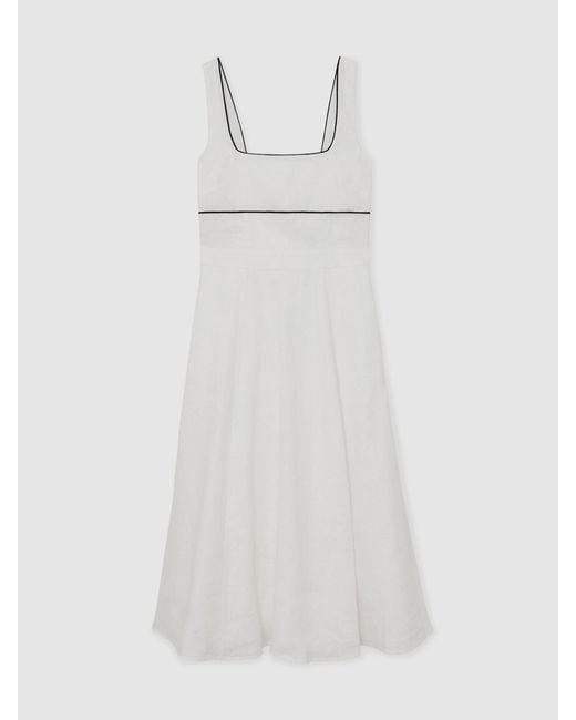 Reiss White Linen Contrast-Trim Midi Dress