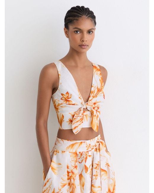 Reiss White Milly - Ivory/orange Linen Floral Print Tie Front Top, Us 14