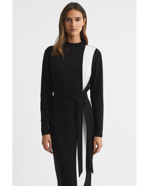 Reiss Millie - Black/white Contrast Stripe Belted Midi Dress