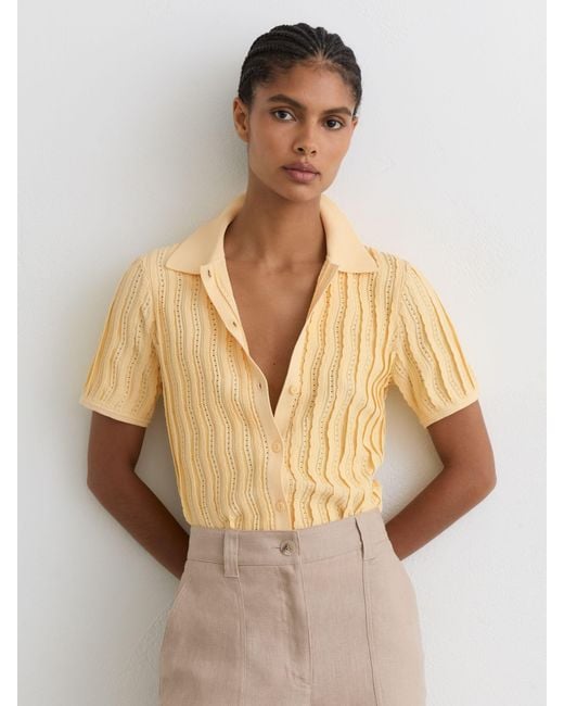 Reiss Natural Audrey - Buttermilk Yellow Stitch-detail Short-sleeve Knitted Shirt, L (us 12-14)