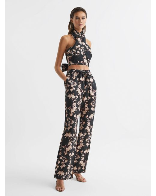 Reiss Multicolor Ally - Black/blush Ally Printed 100% Linen Halter Neck Cropped Top, Us 8