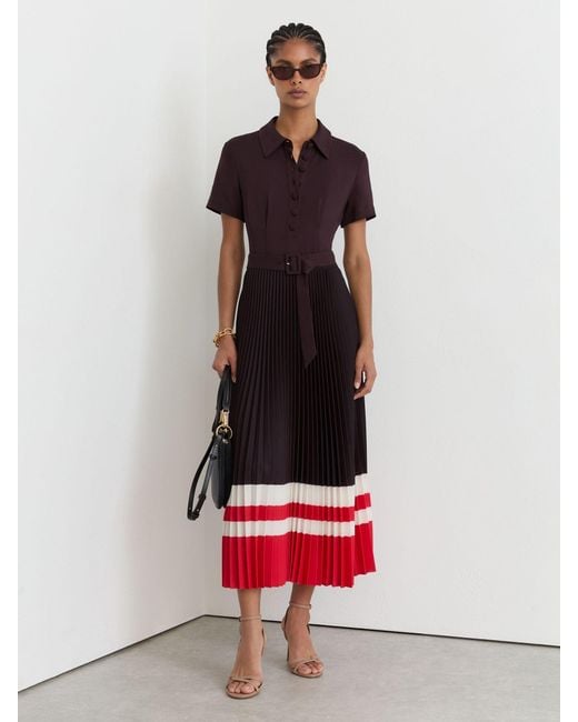 Reiss White Striped-Hem Pleated Midi Dress