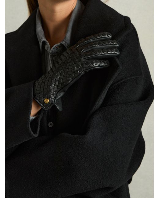 Reiss Giana - Black Woven Leather Gloves, M-l (us 8-14)