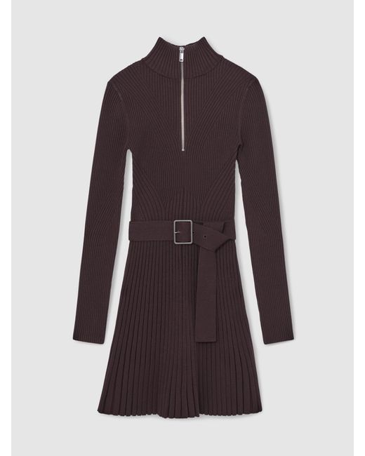 Reiss Multicolor Rib-Knit Belted Half-Zip Flippy Dress