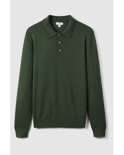 Reiss Trafford - Hunting Green Merino Wool Polo Shirt, S for men