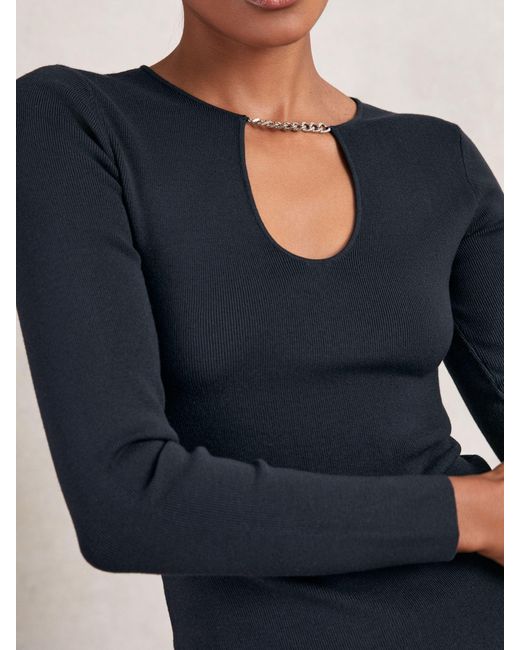 Reiss Blue Chain-Detail Keyhole Knit Top