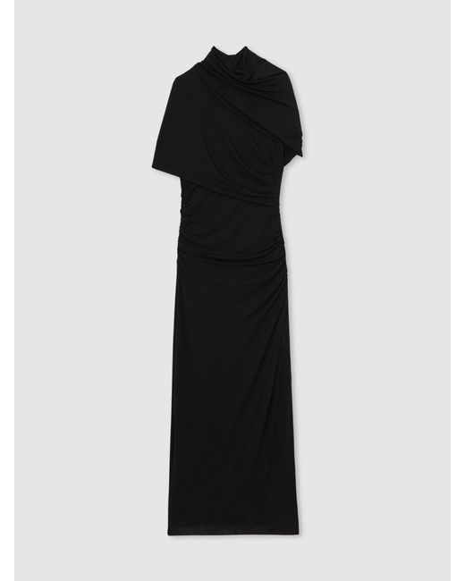 Reiss Azure - Black Stretch Lyocell Ruched Midi Dress, Us 6