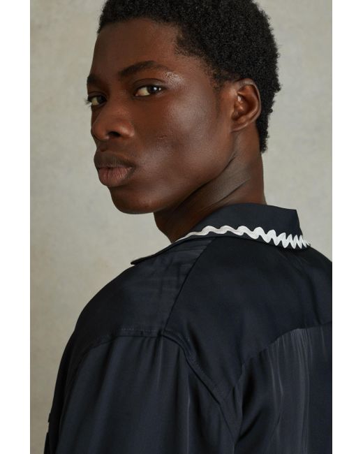 Reiss Black Fable - Navy Viscose Satin Contrast Trim Cuban Collar Shirt for men