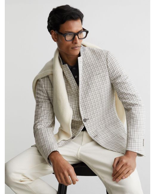 Reiss White Canty - Soft Grey Houndstooth Single-breasted Blazer Tailored-fit, 42 for men