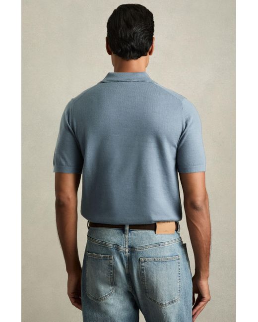 Reiss Duchie - Airforce Blue Merino Wool Open-collar Polo Shirt, Xl for men