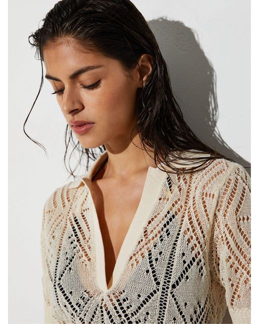 Reiss White Finty - Cream Cotton-blend Open-knit Top, L (us 12-14)