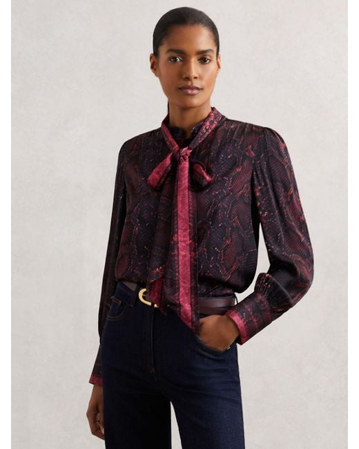 Reiss Blue Snake-Print Tie-Neck Blouse