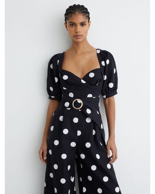 Reiss Blue Linen Polka-Dot Wide-Leg Jumpsuit