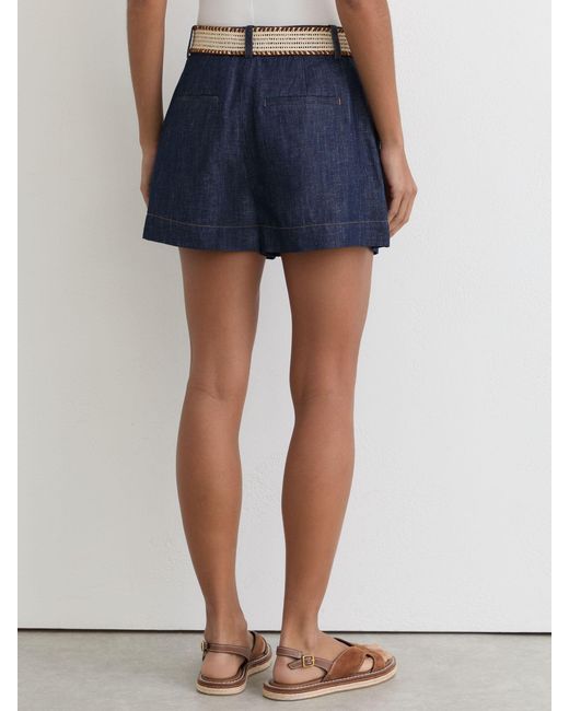 Reiss Blue Beau - Indigo Cotton-linen Belted Shorts, Us 4