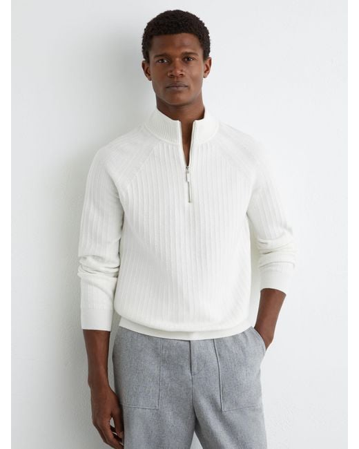 Reiss White Textured-Knit Half-Zip Jumper With Wool for men