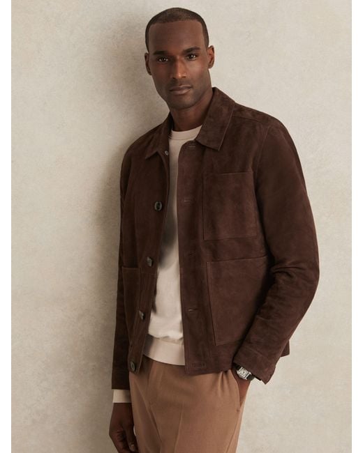 Reiss Brown Suede Button-Through Trucker Jacket for men