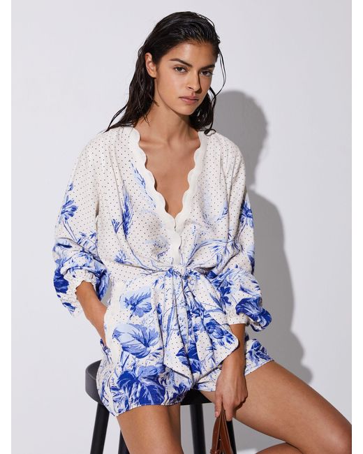 Reiss White Bonnie - Blue/ivory Scarf-print Beach Cover-up Playsuit, Us 10