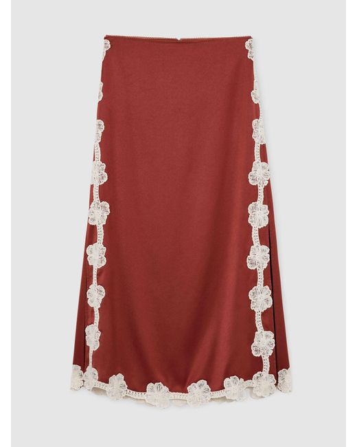 Reiss Red Satin Floral-Lace Trim Midi Skirt