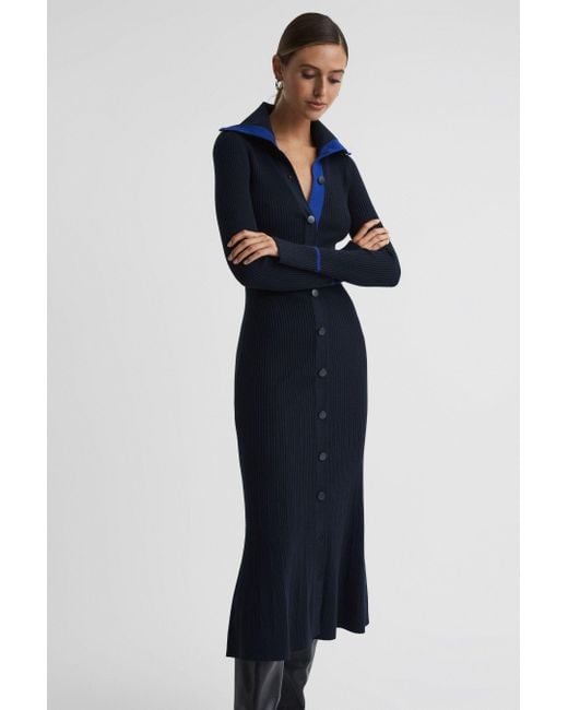 Reiss Blue Millie Ribbed Knitted Midi Dres