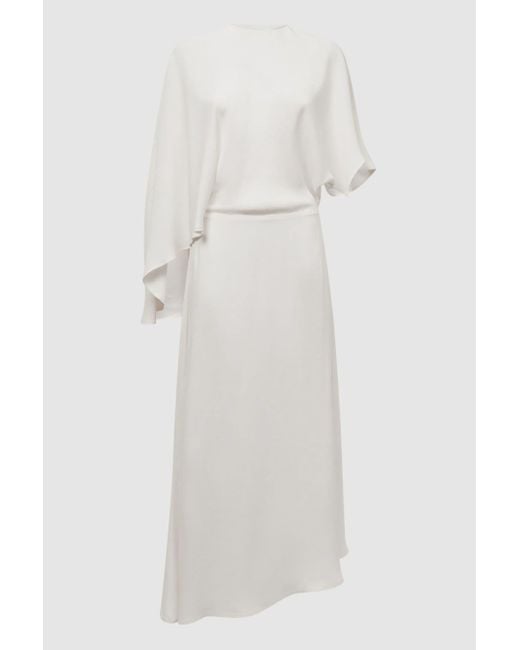 Reiss White Naomi Cape-sleeve Asymmetric Woven Maxi Dress