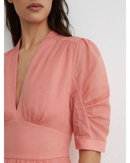 Reiss Poppy - Pink Short-sleeve Waisted Midi Dress, Us 12