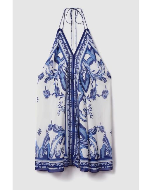 Reiss Harriet - Blue Printed Tie Waist Mini Dress