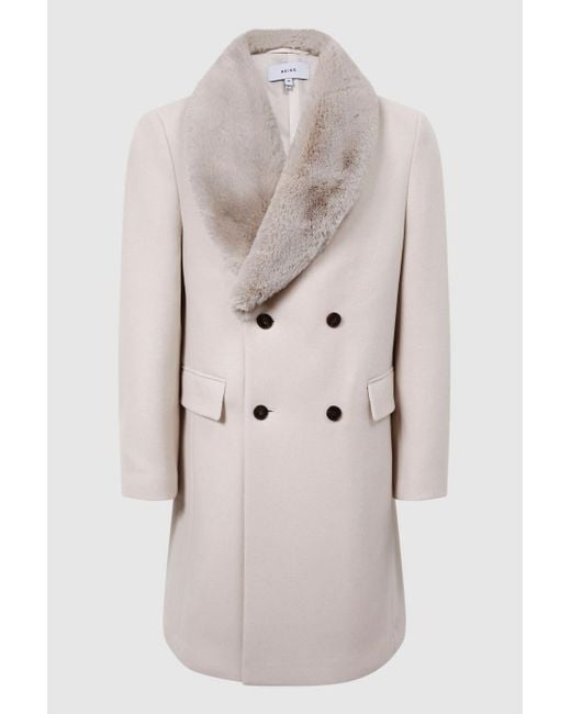 Reiss Natural Bay - Ivory Double Breasted Faux Fur Collar Coat, L for men