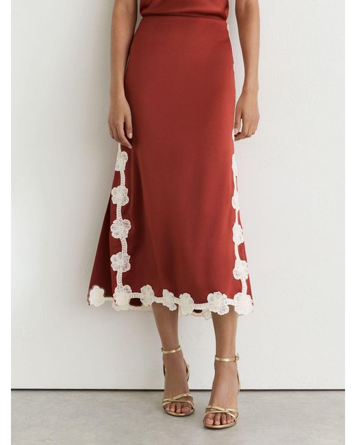 Reiss Red Satin Floral-Lace Trim Midi Skirt