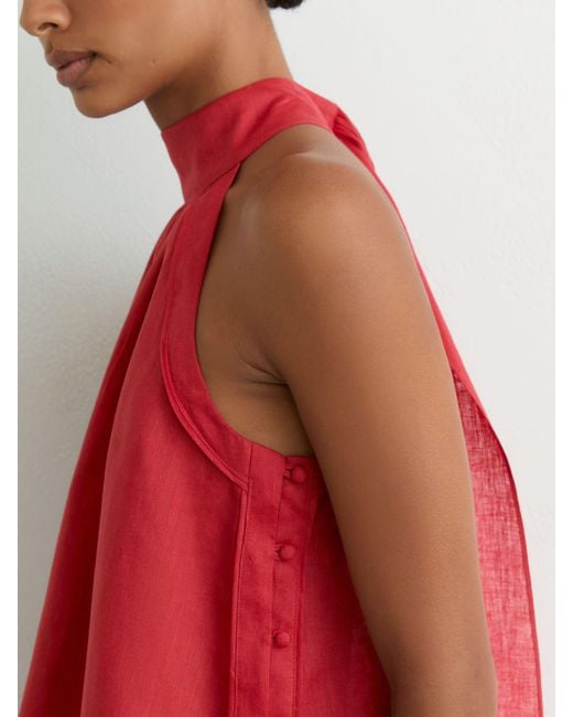 Reiss Pink Andi - Coral Red Linen Sleeveless Scarf-neck Top, Us 8