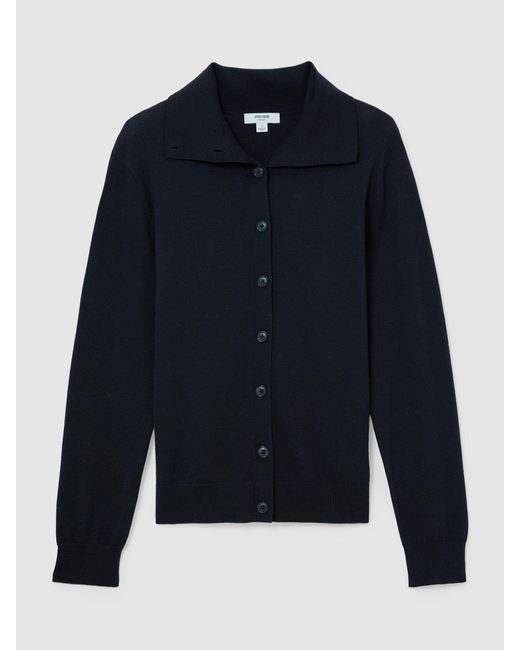 Reiss Blue Gale - Navy Merino Wool Collared Cardigan, L (us 12-14)