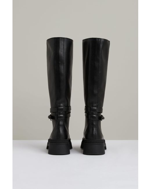 Reiss Albany - Black Leather Chunky Flat Knee-high Boots, Us 8