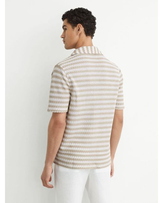 Reiss White Oatmeal Striped Crochet Cuban-Collar Shirt for men