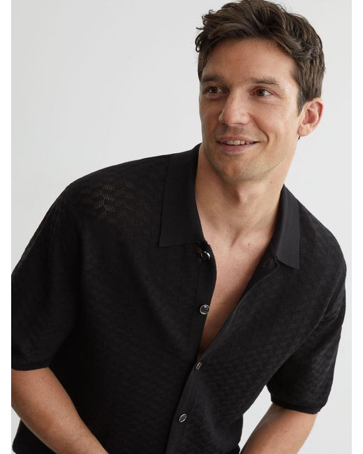 Reiss Phoenix - Black Textured-knit Button-through Shirt, L for men