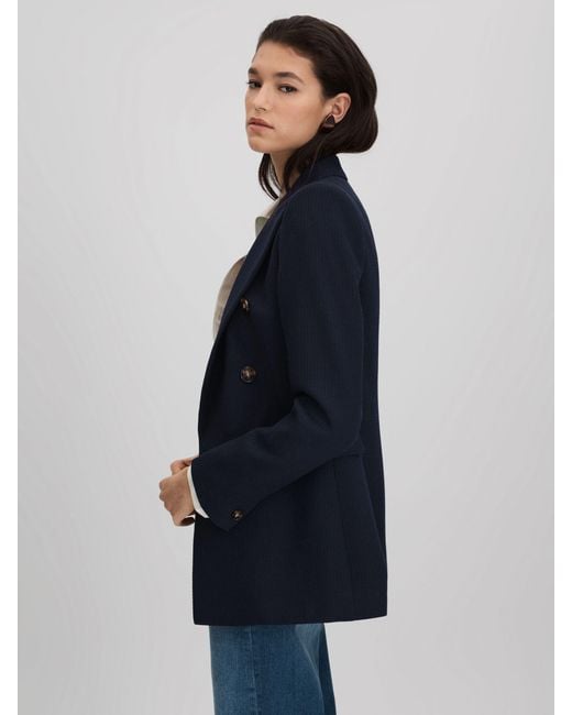 Reiss Blue Tailored Textured Wool Blend Double Breasted Blazer