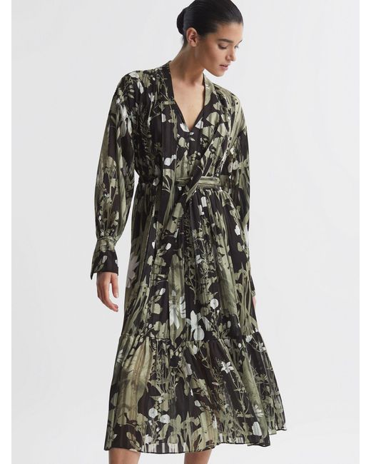 【海外限定】REISSワンピース☆Lottie Floral Print Tie Neck Mi Reiss Floral Neck Tie Midi Dress in Black/Brown - REISS