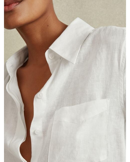 Reiss Natural Campbell - White Linen Long Sleeve Shirt, Us 0