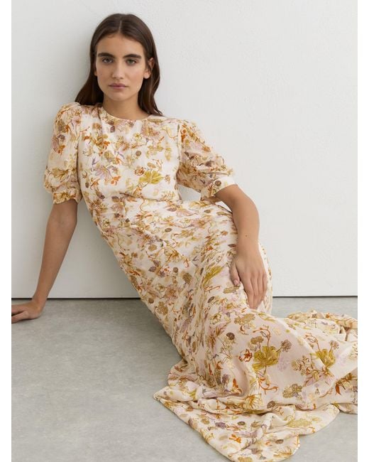 Reiss Natural Naia - Ivory Floral-print Metallic-thread Maxi Dress, Us 0