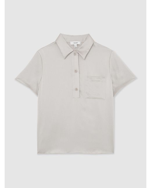 Reiss White Polly - Light Grey Silk Half-button Short-sleeve Shirt, Us 14