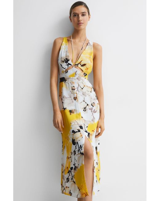 Reiss Metallic Kasia - Yellow Fitted Floral Print Midi Dress, Us 10