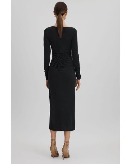 Reiss Black Lana - Charcoal Ruched Jersey Midi Dress