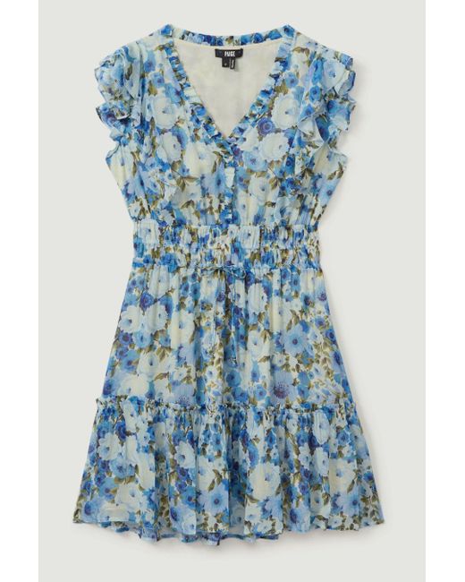 PAIGE Blue Silk Georgette Floral Print Mini Dress
