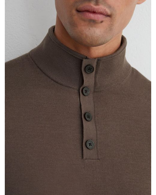 Reiss Brown Merino Wool Funnel-Neck Half-Button Jumper for men