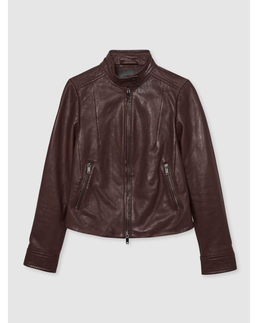 Reiss Brown Fitted Leather Biker Jacket