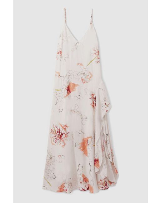 Reiss Natural Melody - Ivory/coral Floral Print Side Split Midi Dress