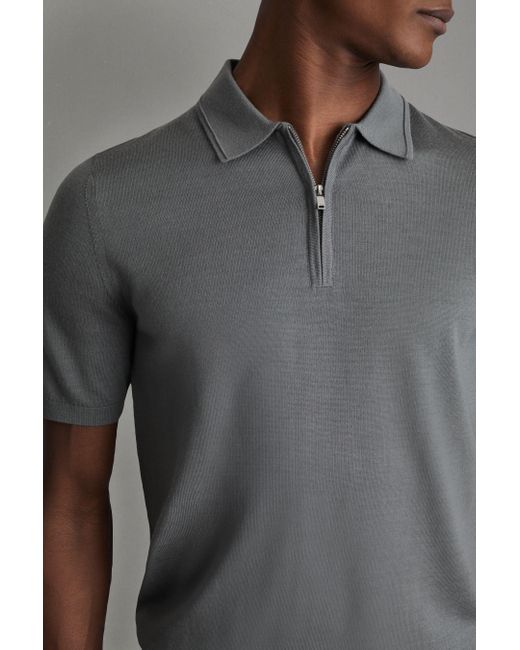 Reiss Gray Maxwell - Dusty Green Merino Wool Half-zip Polo Shirt, Xl for men