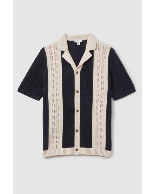 Reiss Multicolor Nicoli - Navy/stone Crochet Striped Cuban Collar Shirt for men